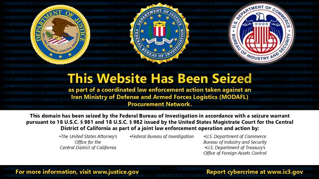 Iran Procurement Network website seizure banner