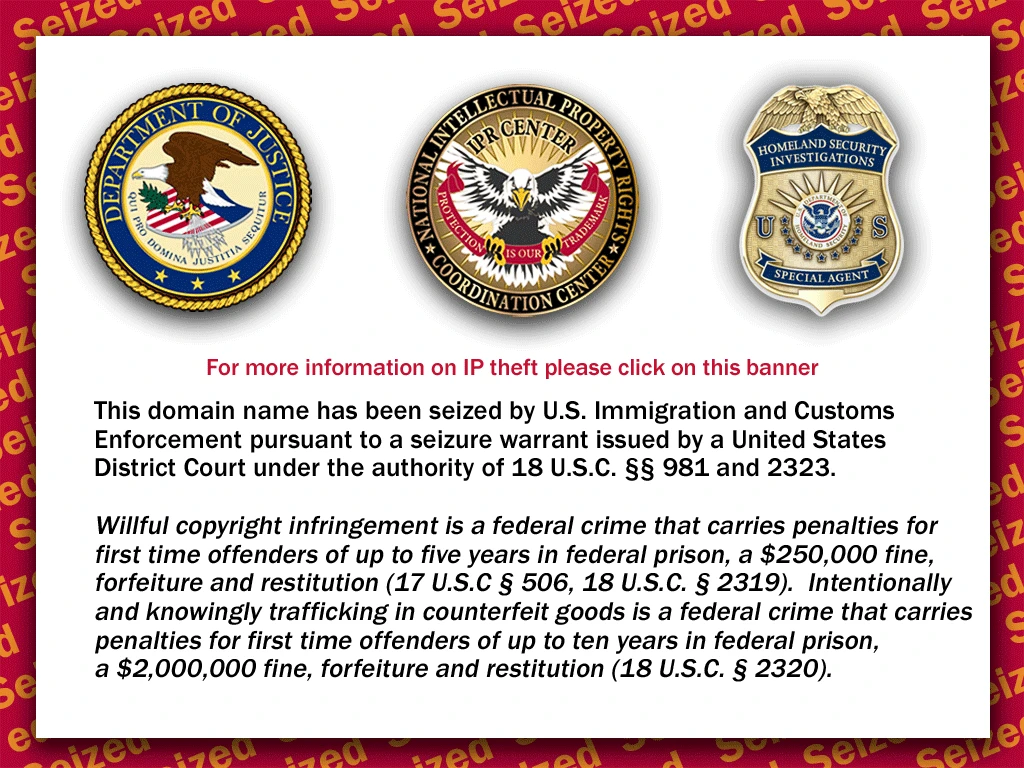 Operation In Our Sites 9 website seizure banner