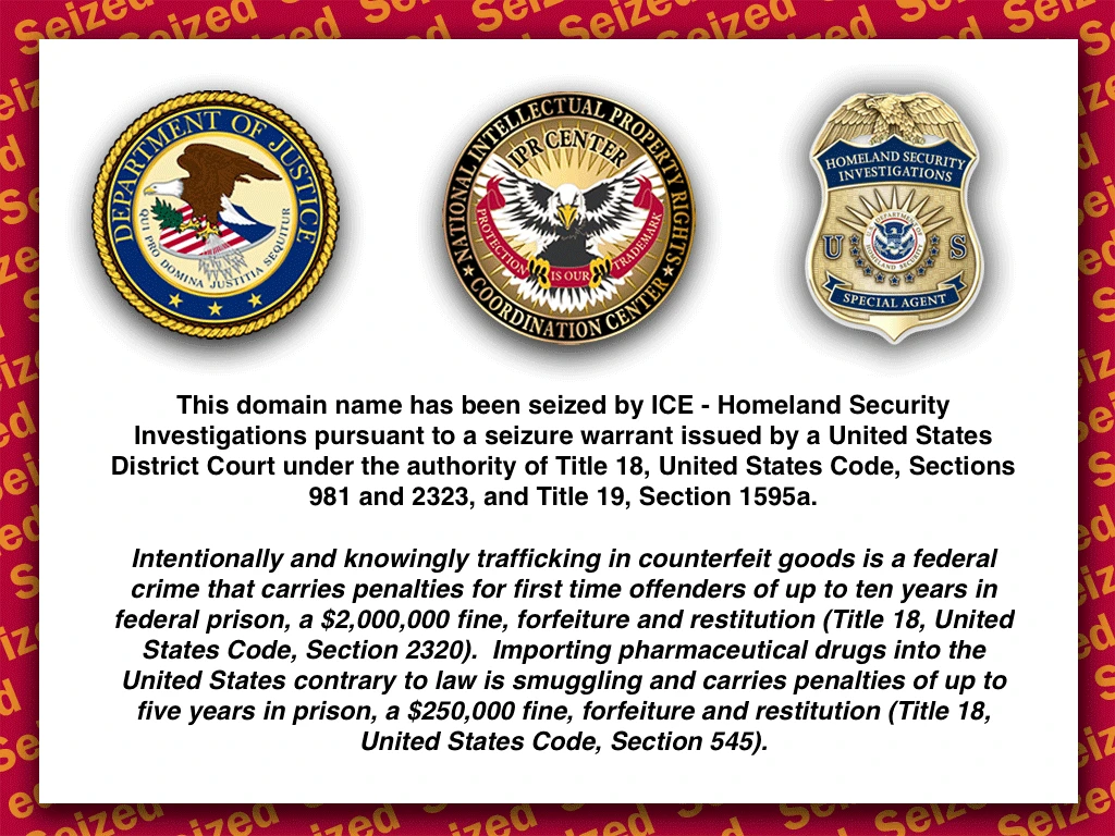 Counterfeit drugs website seizure banner
