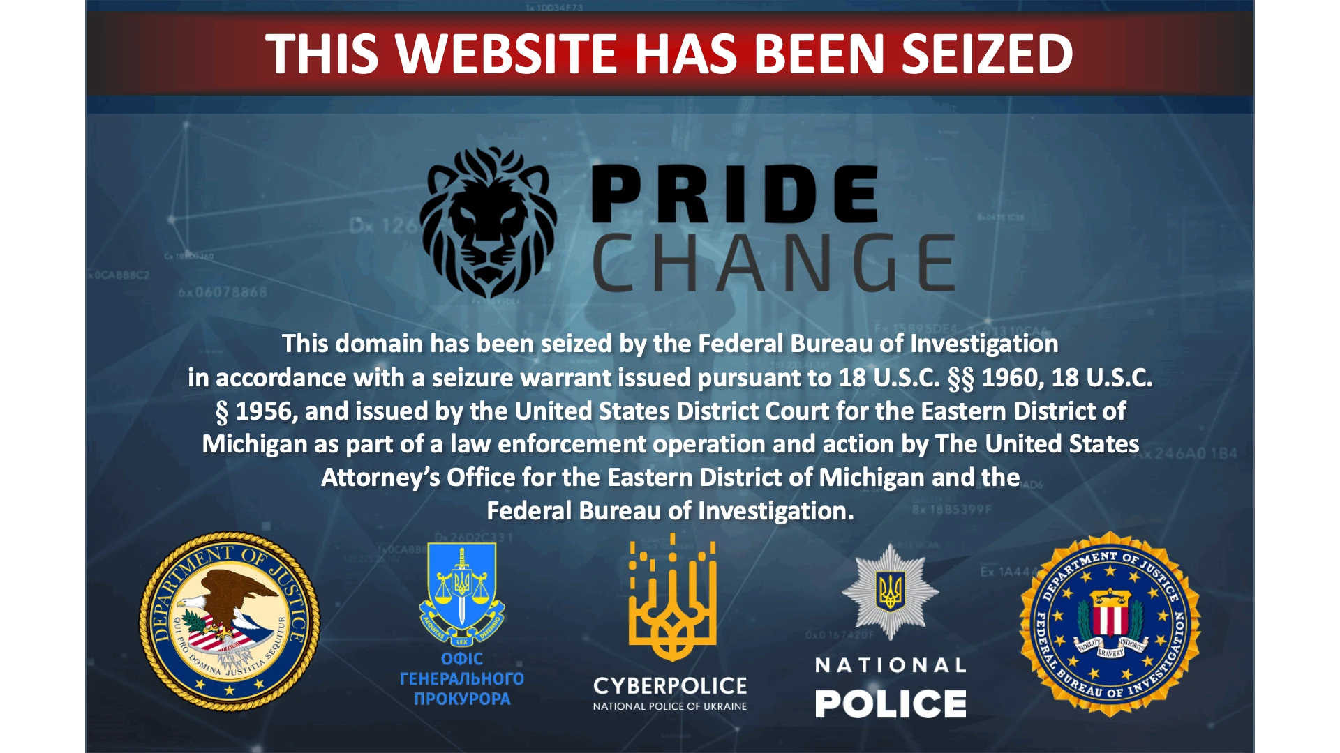 Pride Change website seizure banner