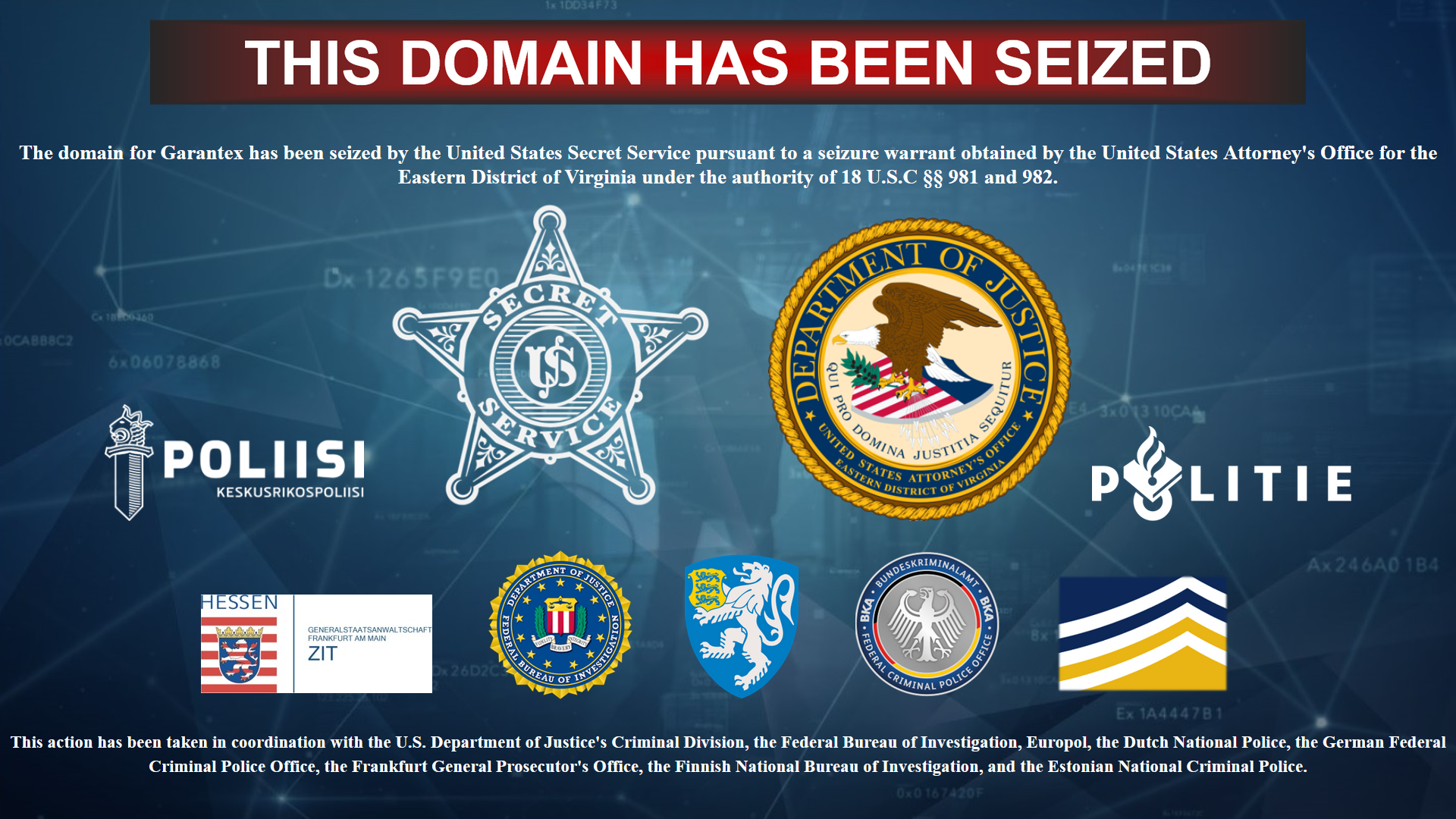 Garantex crypto exchange website seizure banner
