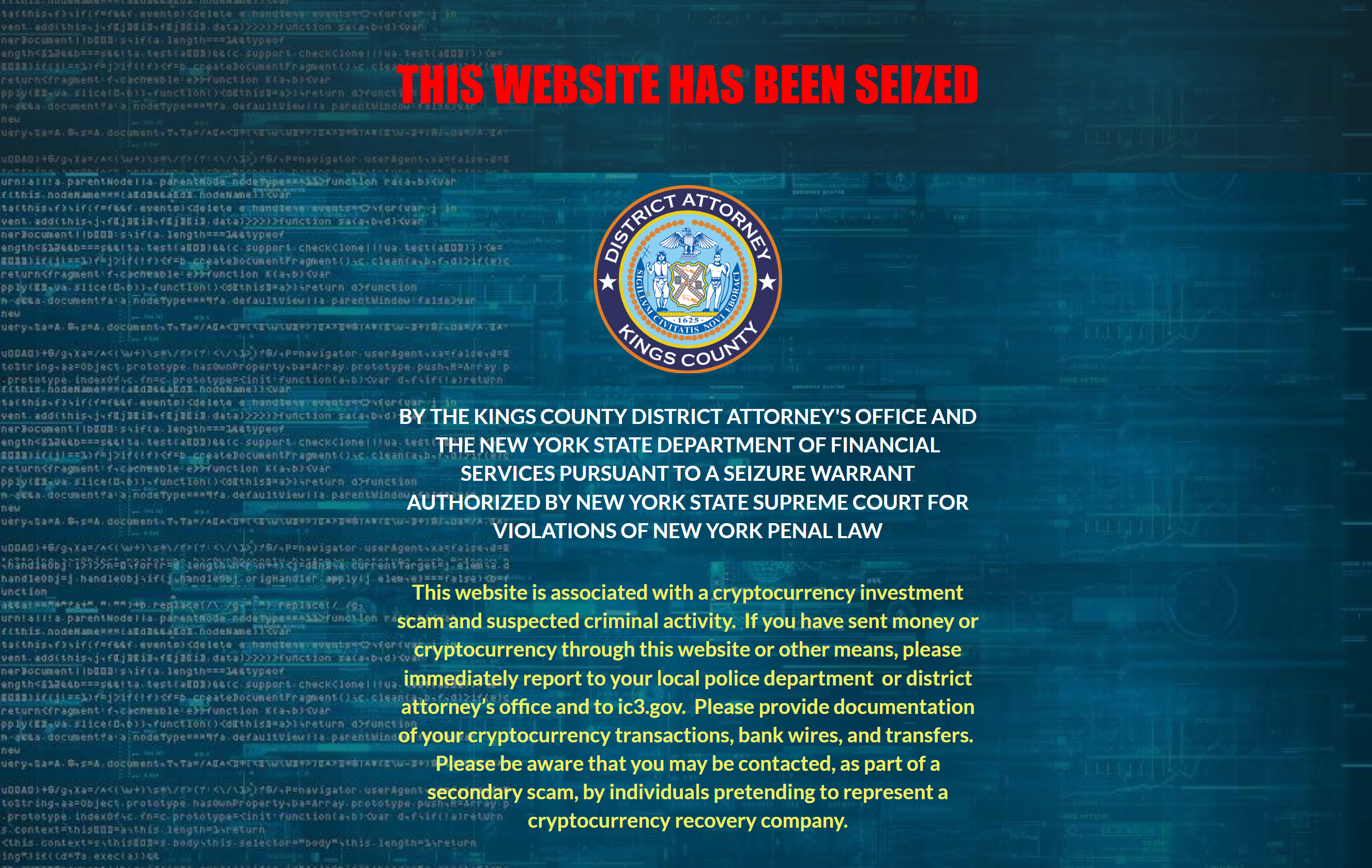 Cryptocurrency scam 6 website seizure banner
