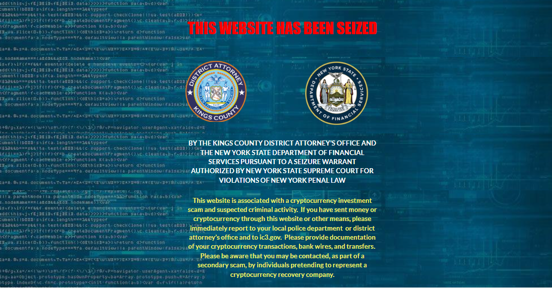 Cryptocurrency scam 5 website seizure banner