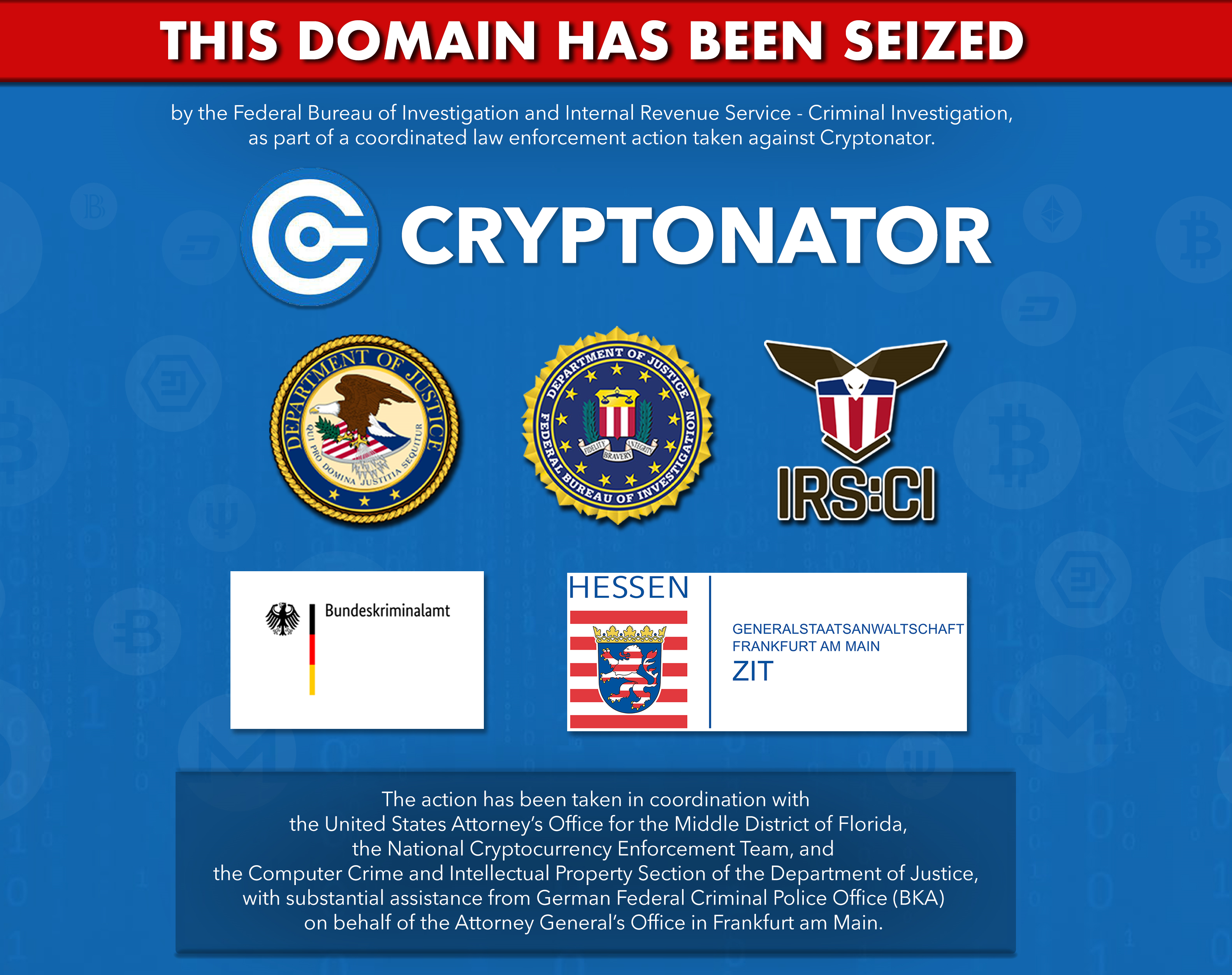 Cryptonator website seizure banner
