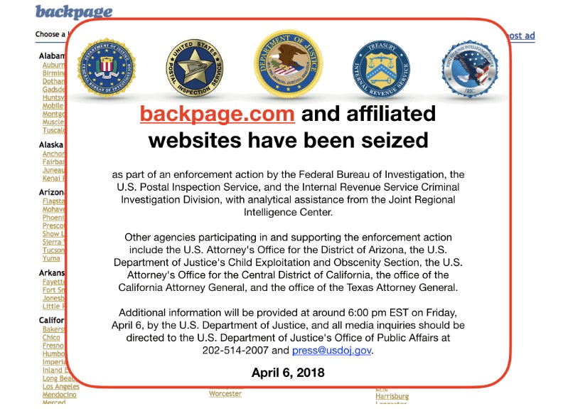 Backpage website seizure banner