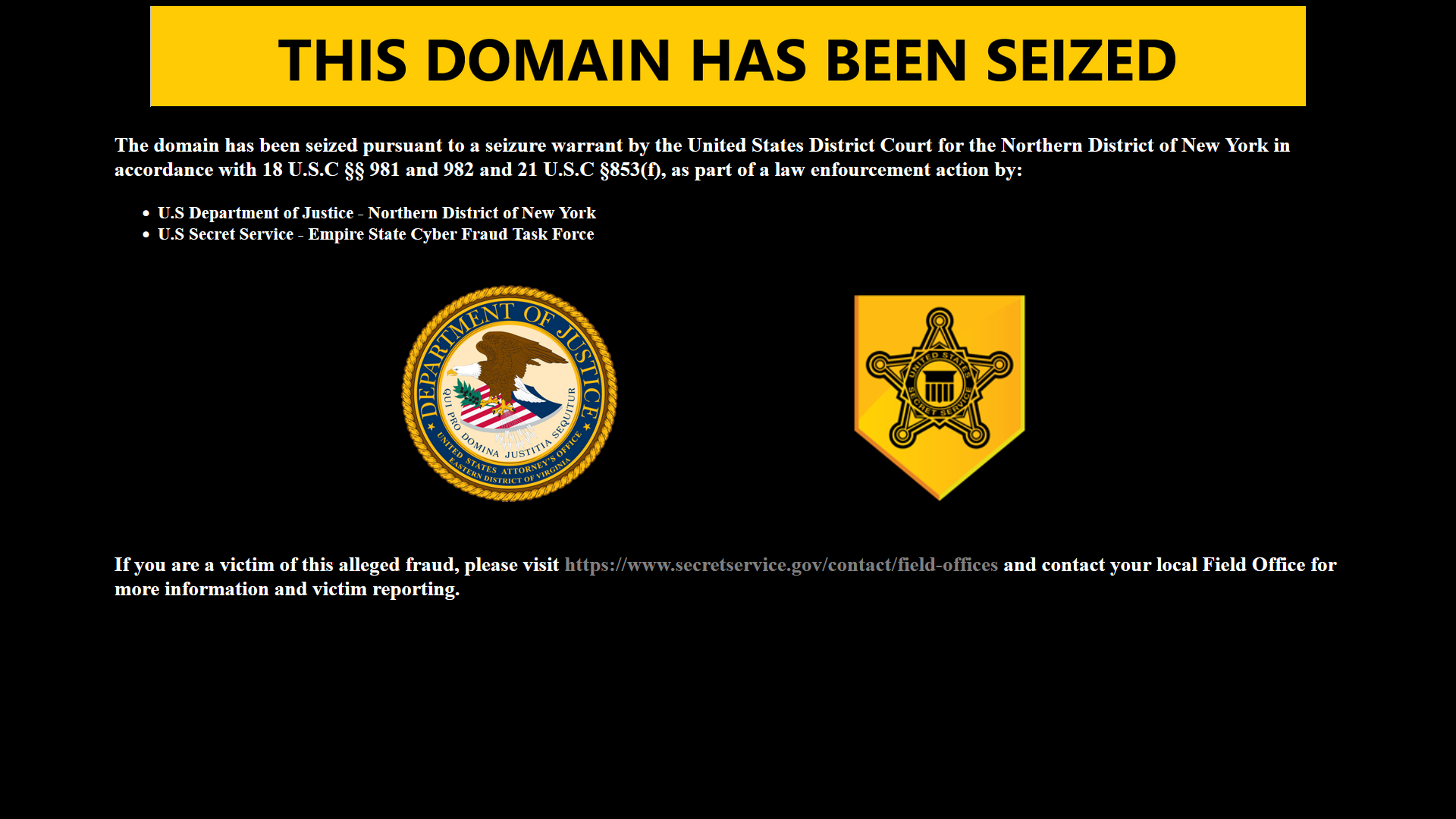 Fake crypto platform website seizure banner