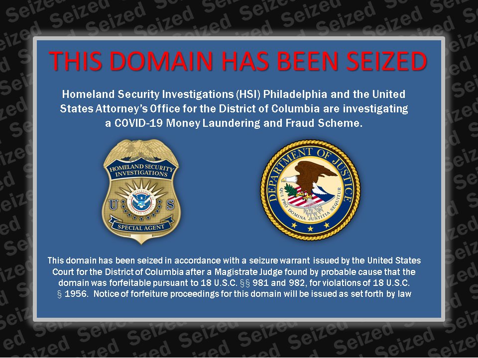 COVID-19 Fraud Scheme 6 website seizure banner