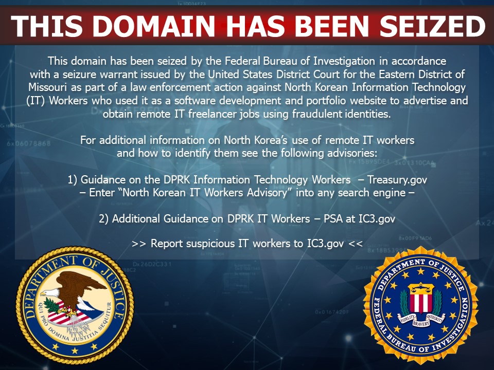 DPRK IT Workers website seizure banner