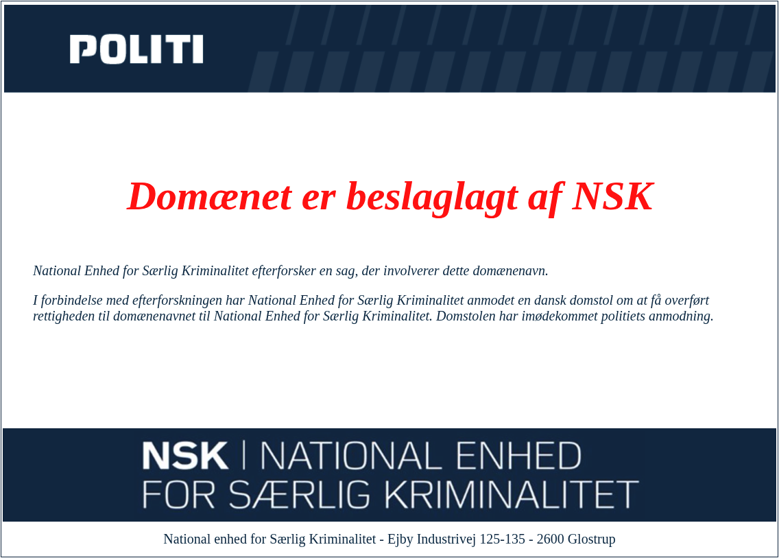 Danish NSK Seizures website seizure banner