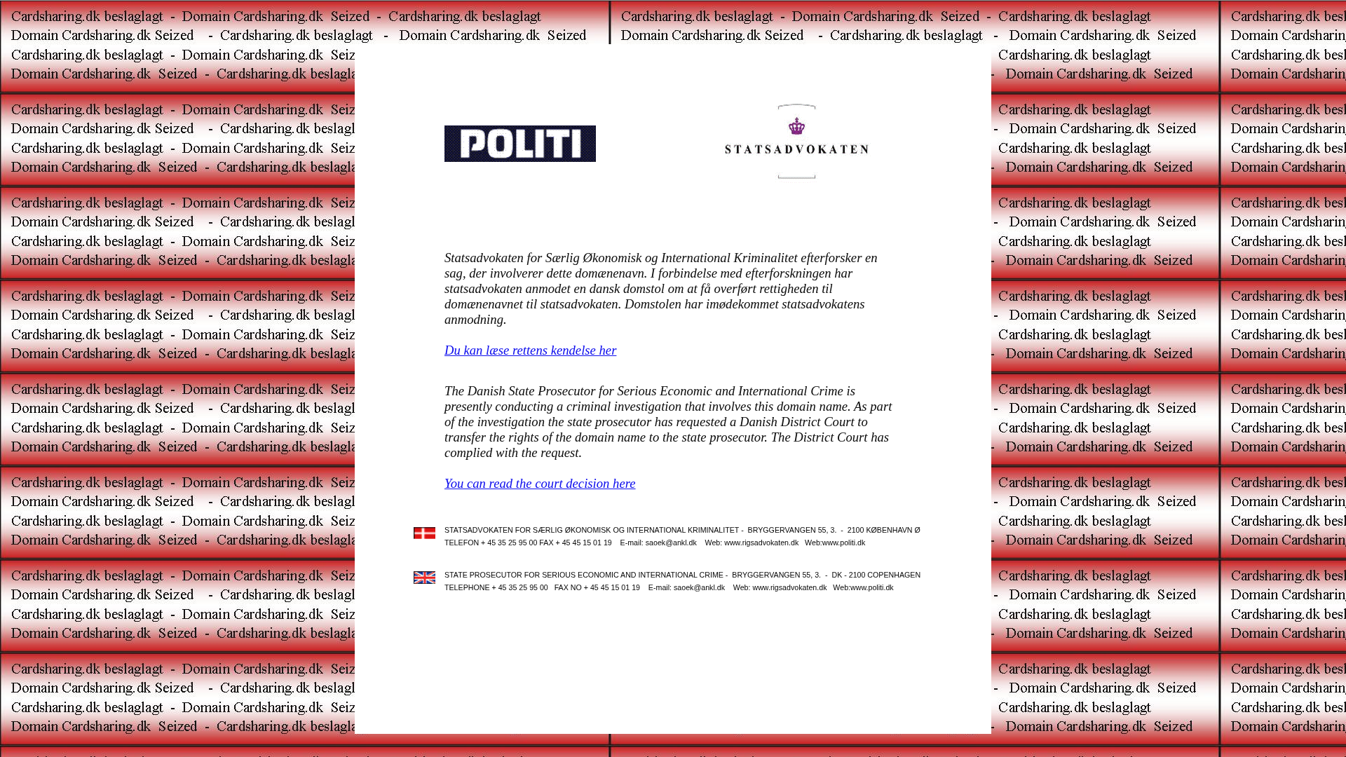 Cardsharing.dk website seizure banner