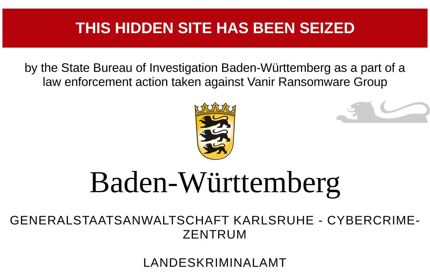 Vanir Ransomware Group website seizure banner