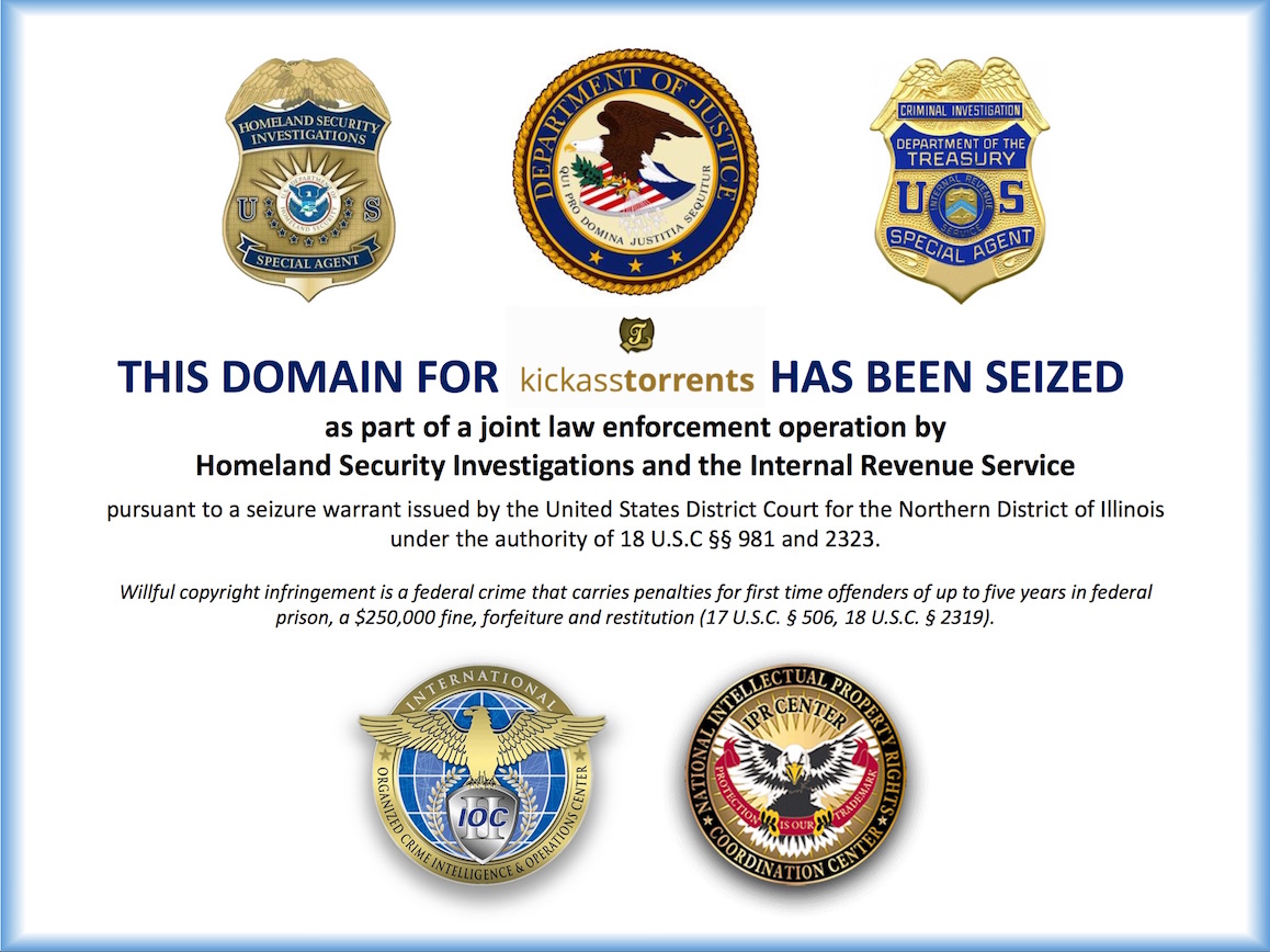 KickassTorrents website seizure banner