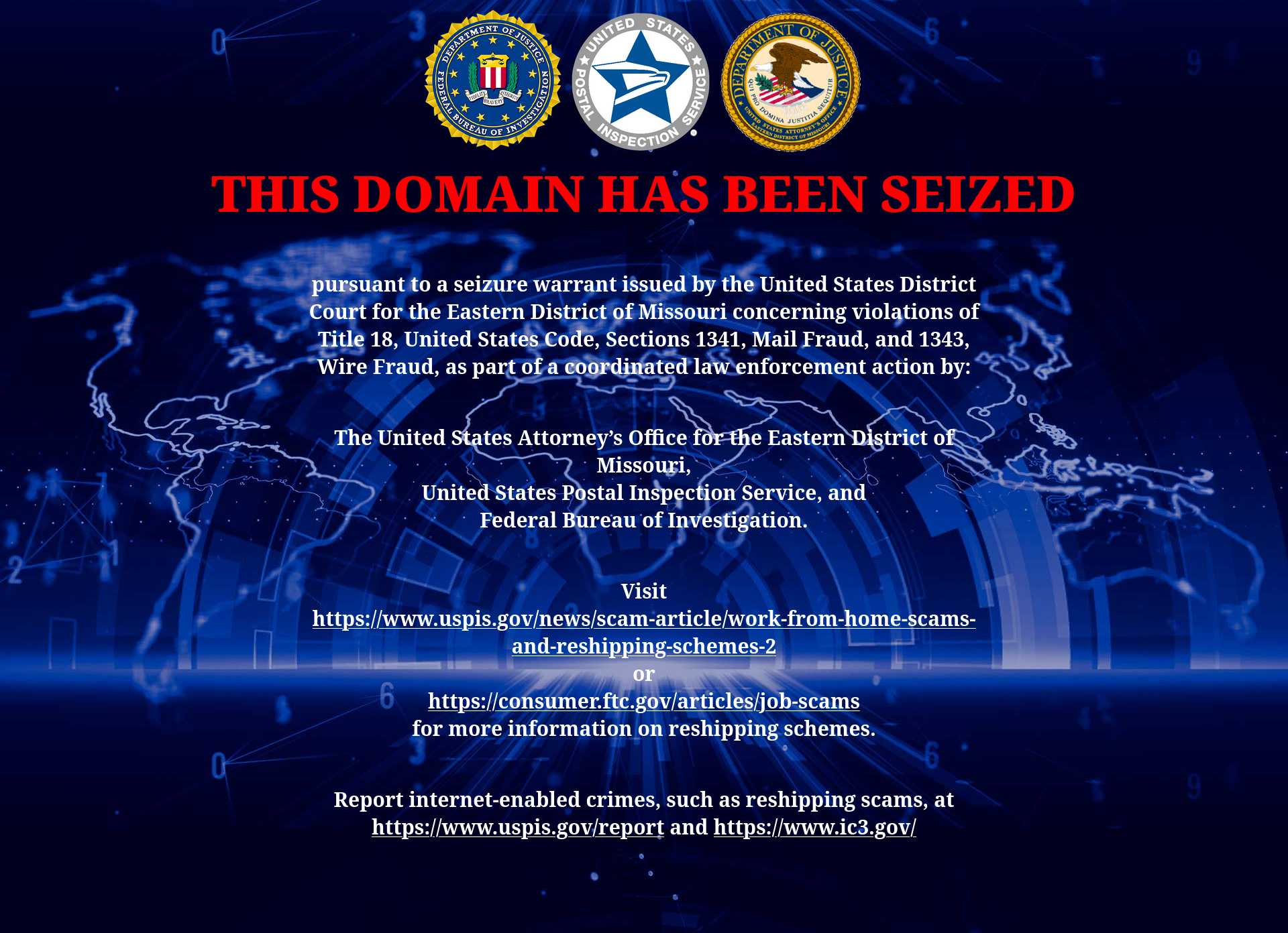 Work-from-home and reshipping scams website seizure banner