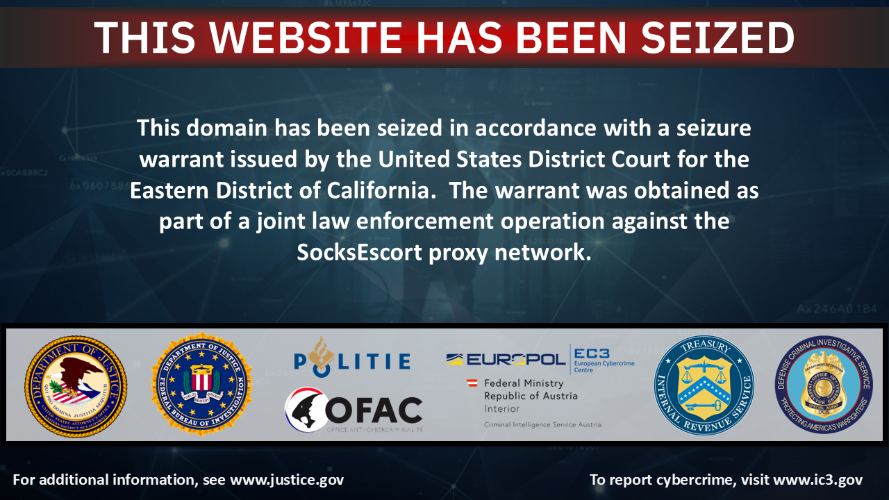 SocksEscort website seizure banner