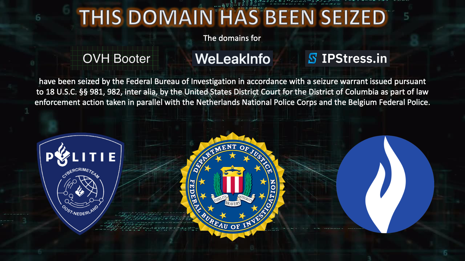 OVH Booter, WeLeakInfo, IpStress.in website seizure banner