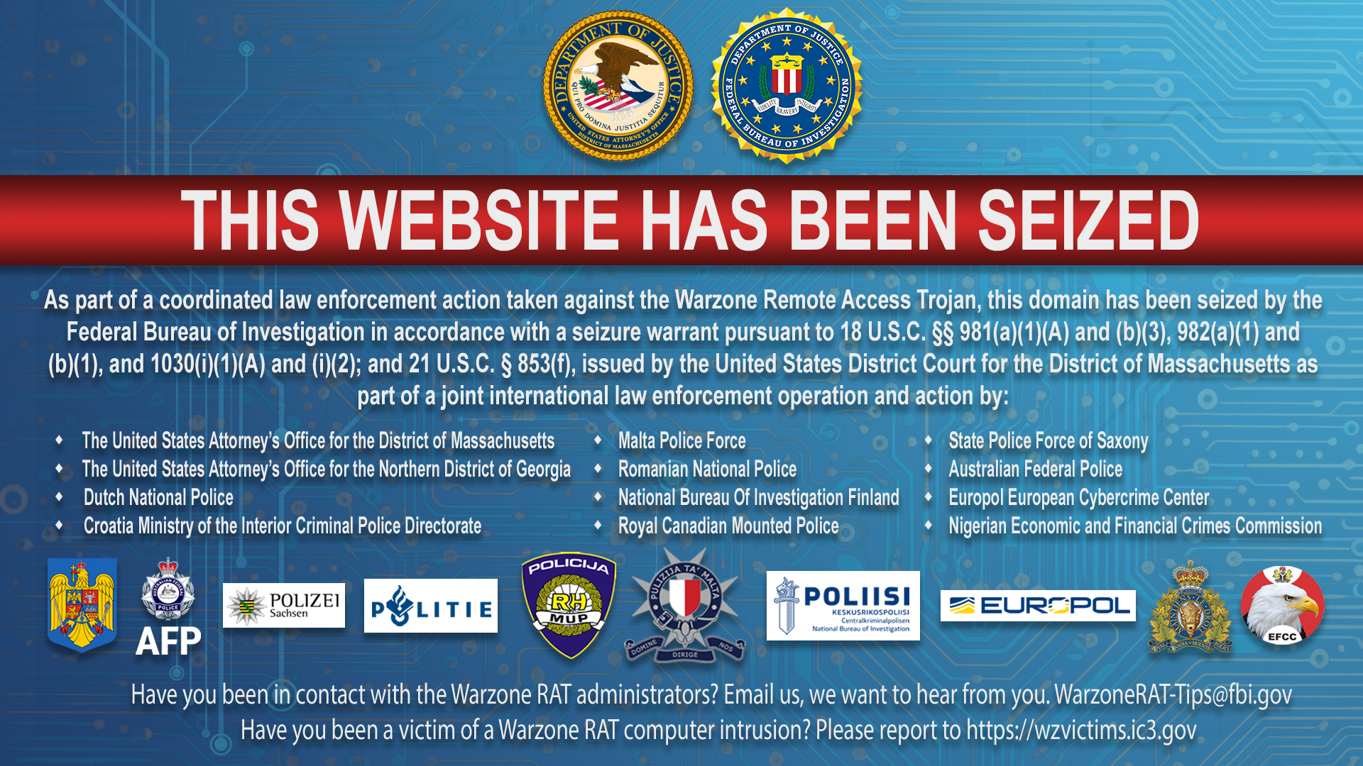 Warzone RAT website seizure banner