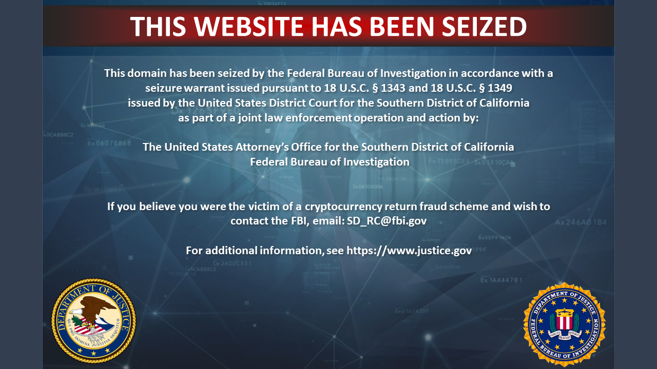 Cryptocurrency scam 4 website seizure banner