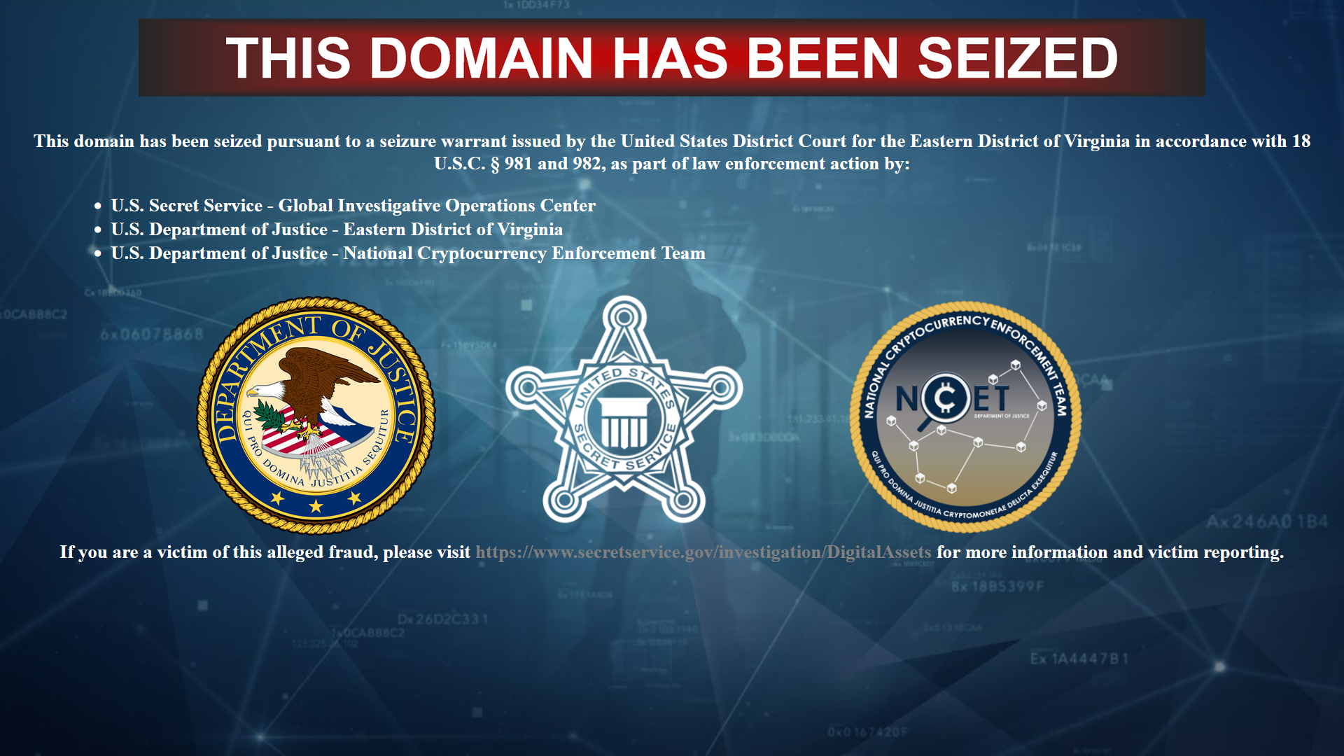 Fake SIMEX website seizure banner