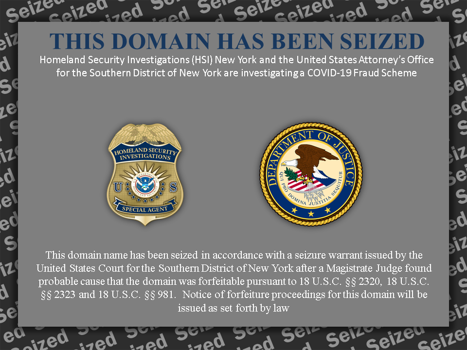COVID-19 Fraud Scheme 2 website seizure banner