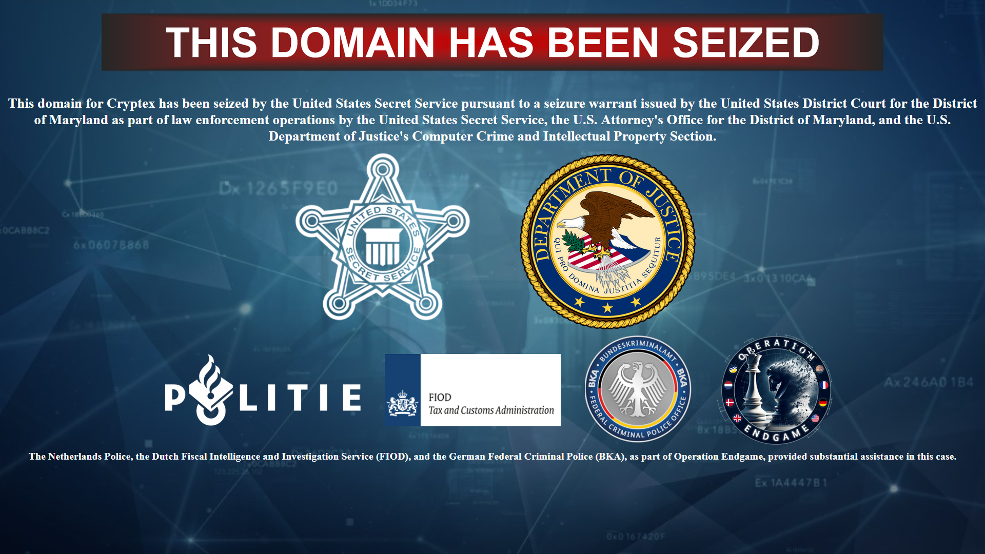 Cryptex.net website seizure banner