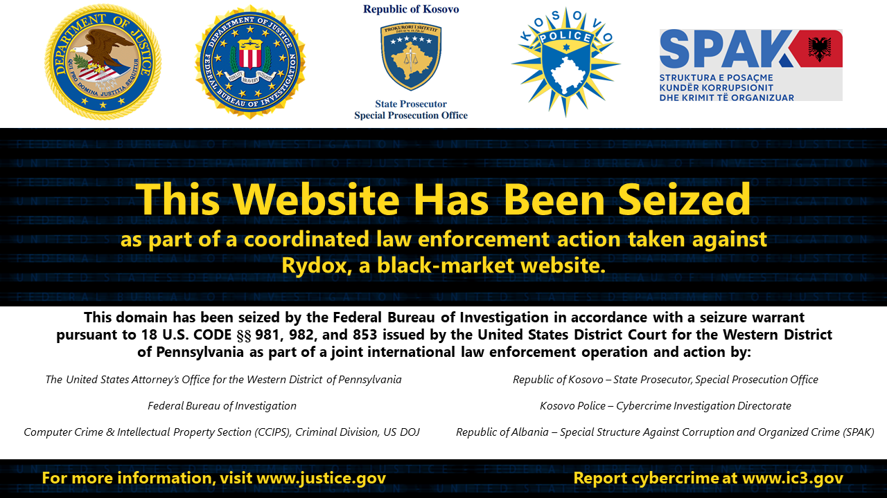 Rydox website seizure banner